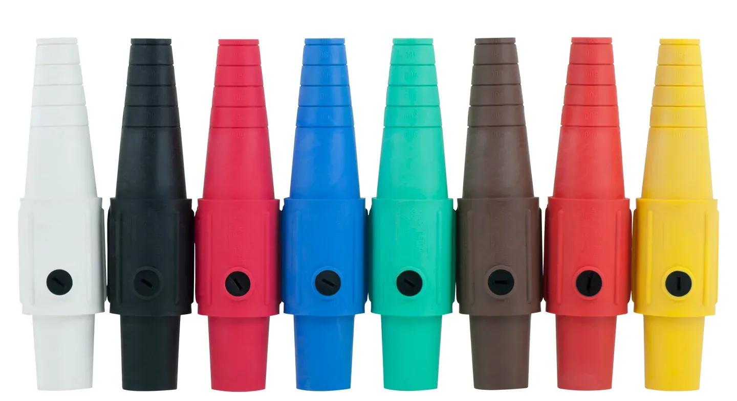 Camlock connectors in white, black, red, blue, green, brown, and yellow