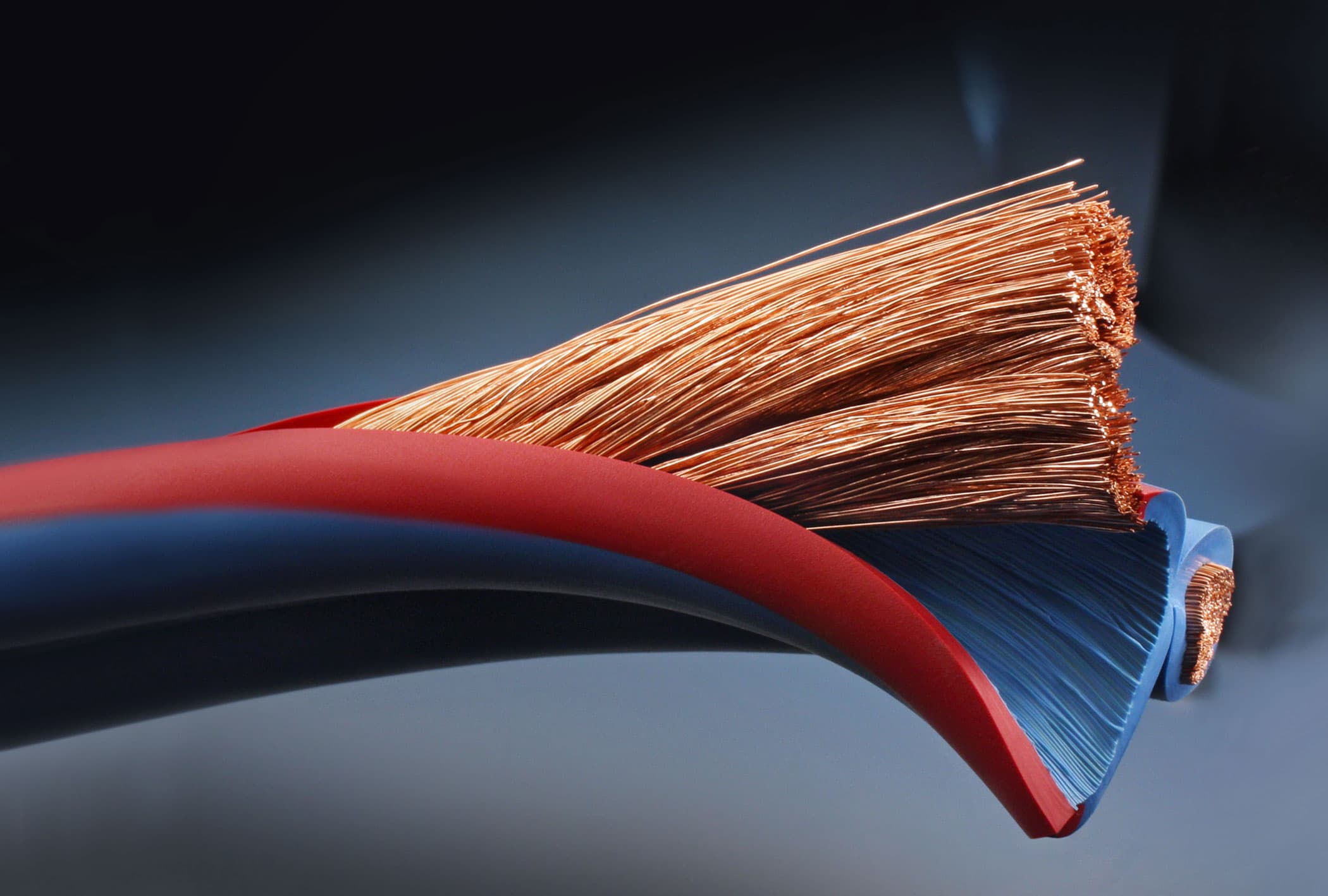 Arctic Superflex Blue cut back to show two bonded conductors under red and blue jacket