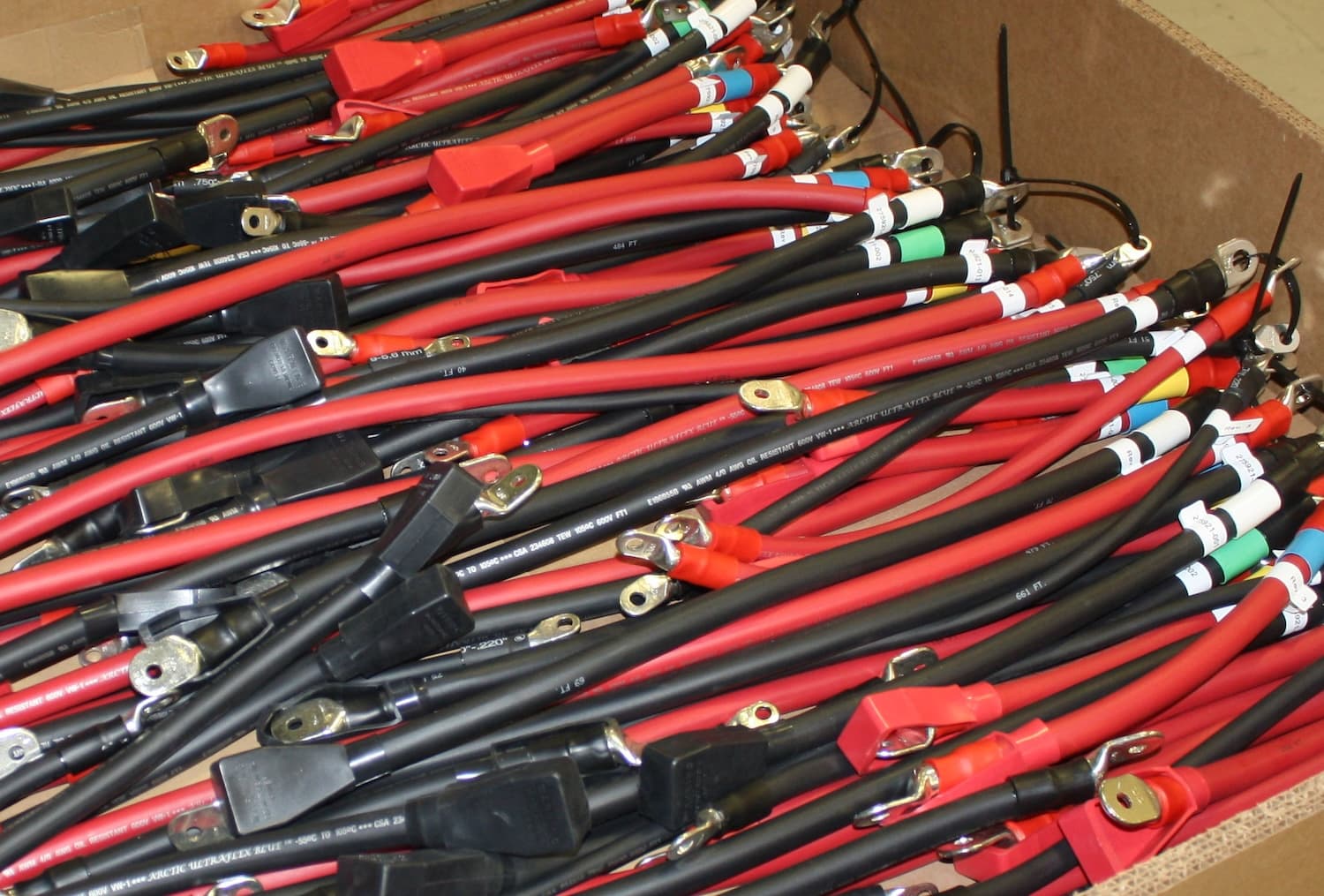 A packed box of finished jump-start cable assemblies