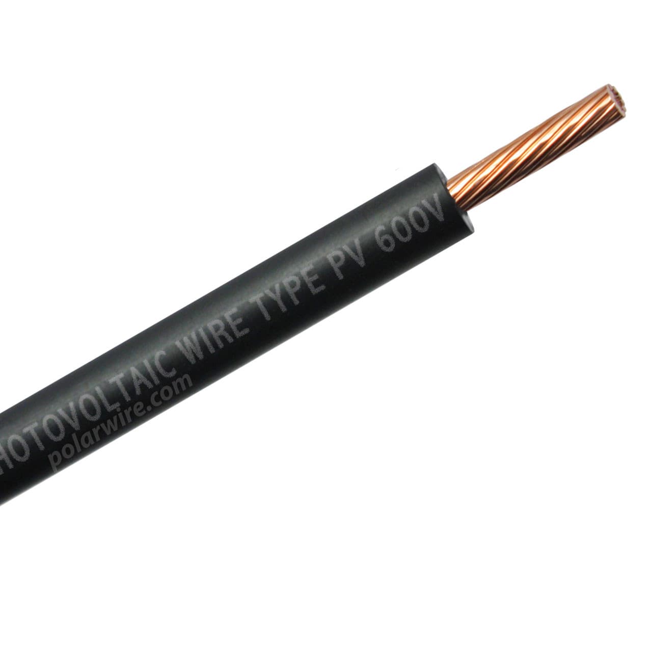 10 AWG black PVX photovoltaic wire on white, jacket cut back to copper