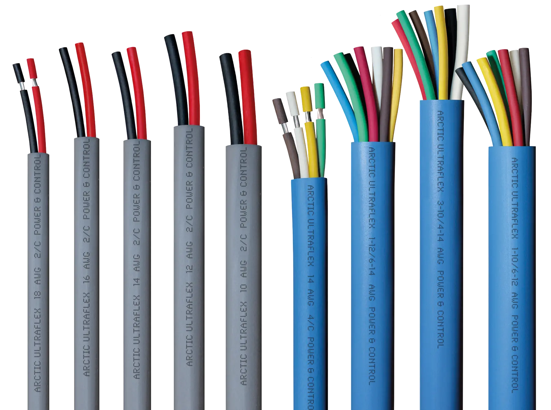 Arctic Ultraflex Blue trailer cable in multiple sizes with inner conductor colors showing