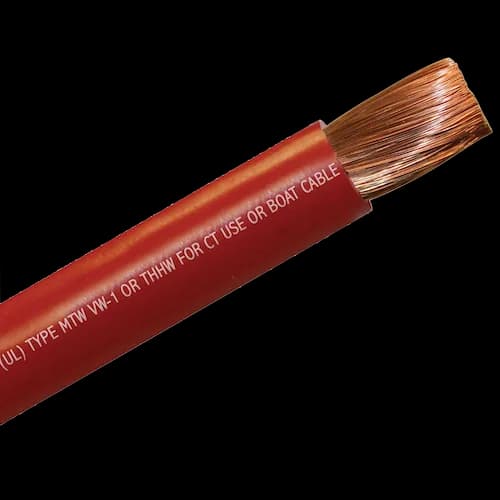 Red multi-listed flexible wire, jacket cut back to copper