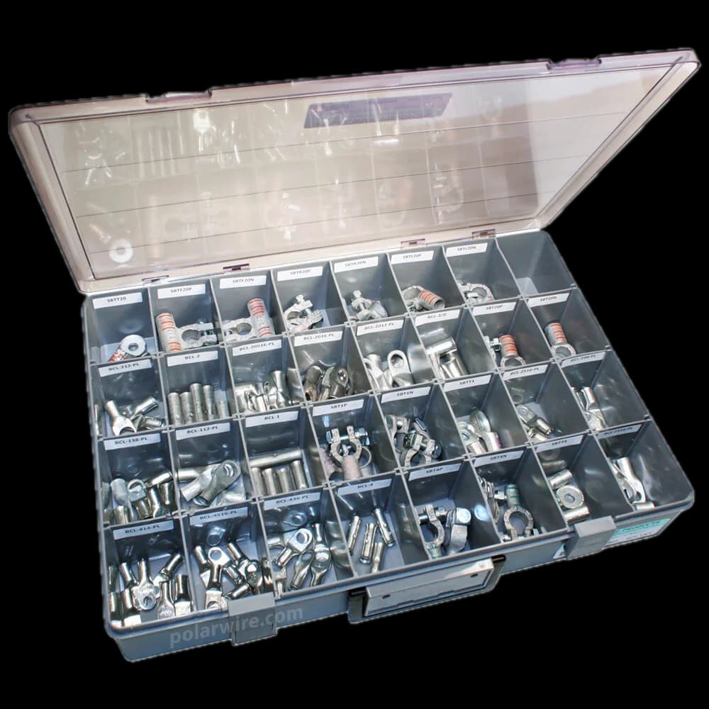 Open service kit of copper lugs and battery terminals