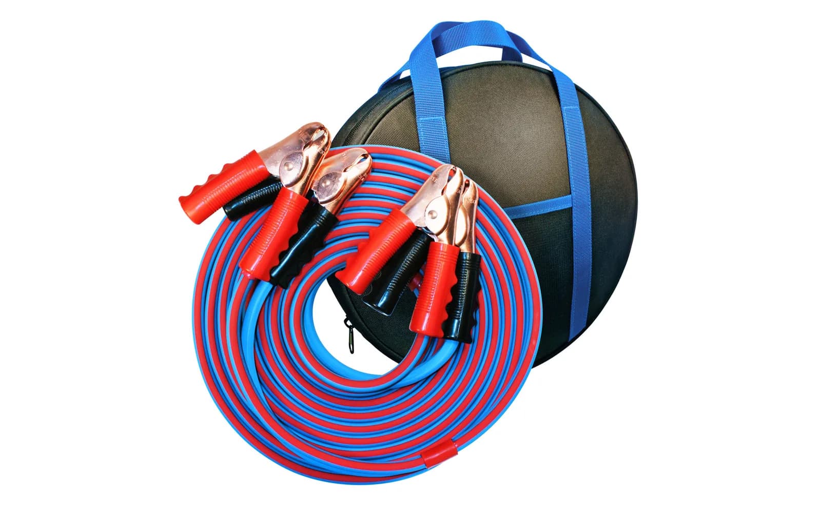 A 25 ft 1/0 jumper cable set coiled beside its carry bag, with four large solid copper dual live jaw clamps