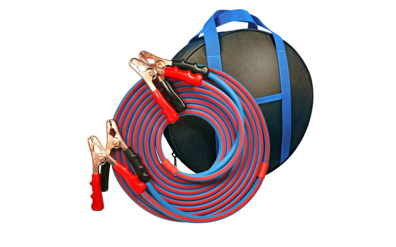 A 25 ft 2 AWG jumper cable set coiled beside its carry bag, the red and blue conductors visibly thicker than the 4 AWG set