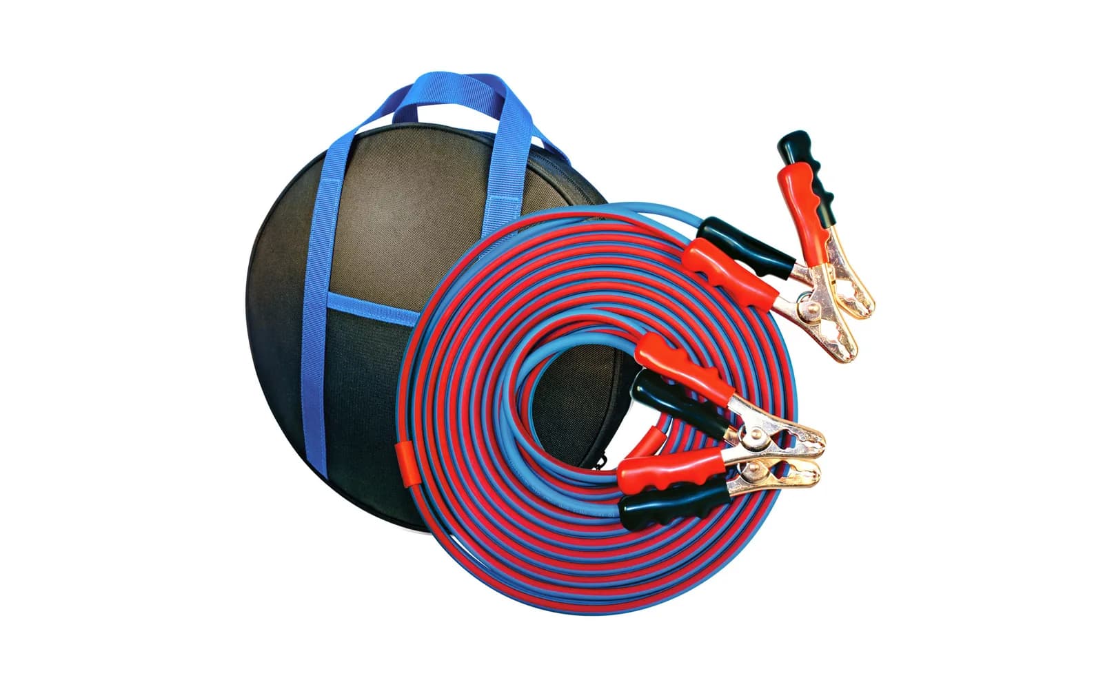 A 25 ft 4 AWG jumper cable set coiled beside its carry bag, with four red and black clamps on copper jaws
