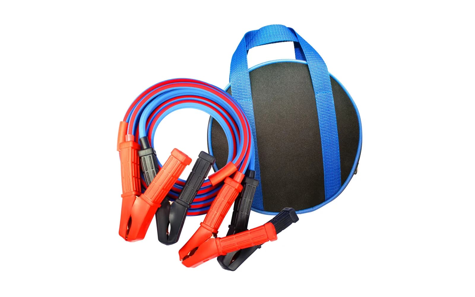 An 8 ft 8 AWG jumper cable set coiled beside its round carry bag, four insulated clamps laid across the coil