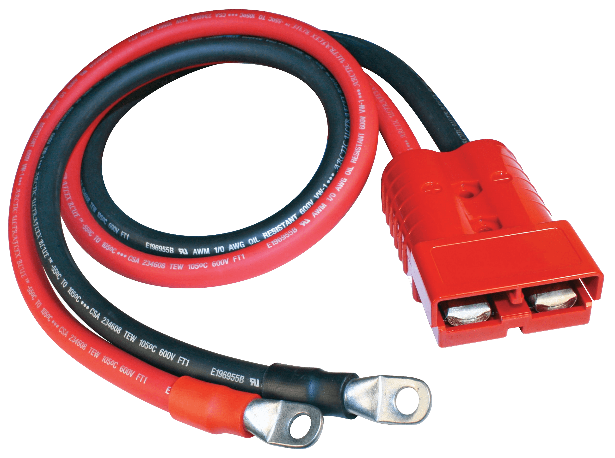 A battery harness: red and black leads with plated ring lugs at one end and a red locking connector at the other