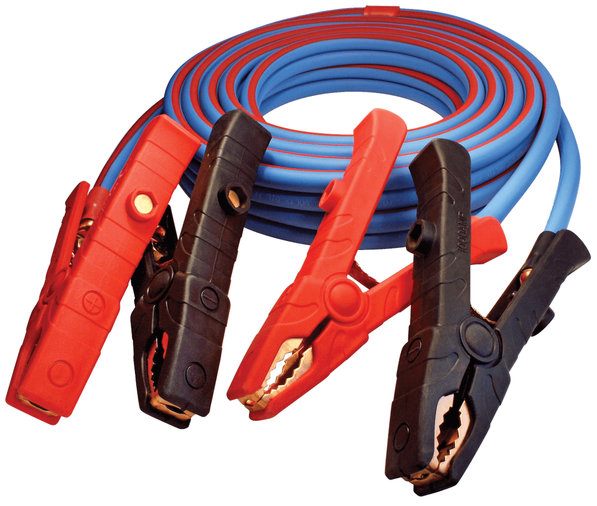 A coiled blue and red jumper cable finished with red and black clamps at both ends