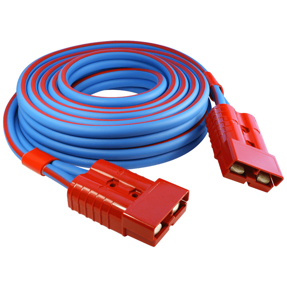 A coiled blue and red jumper cable with a red power connector at each end