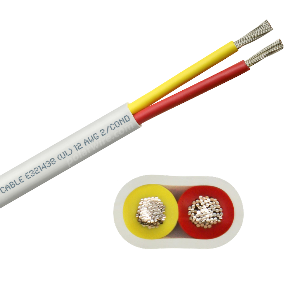 Flat DC duplex boat cable, yellow and red conductors under a white jacket