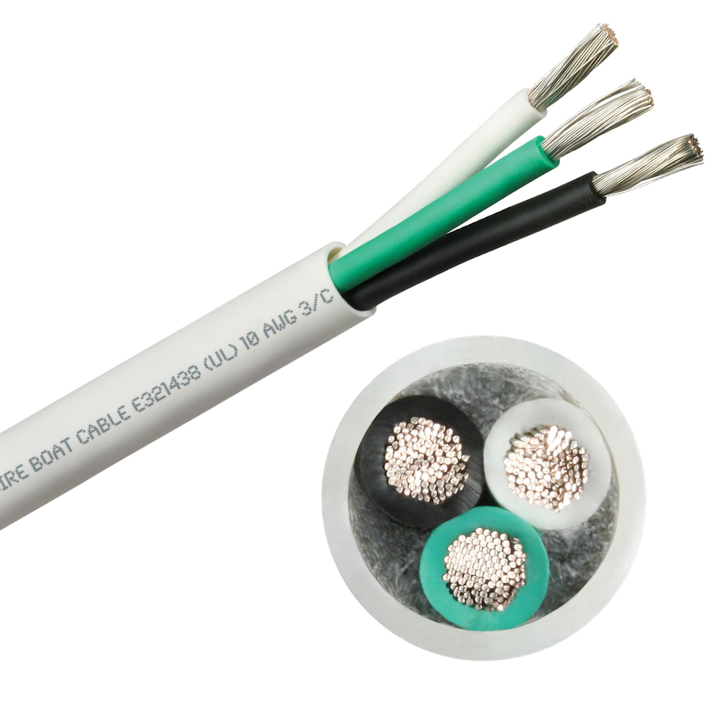 Round triplex boat cable, black, white and green tinned conductors