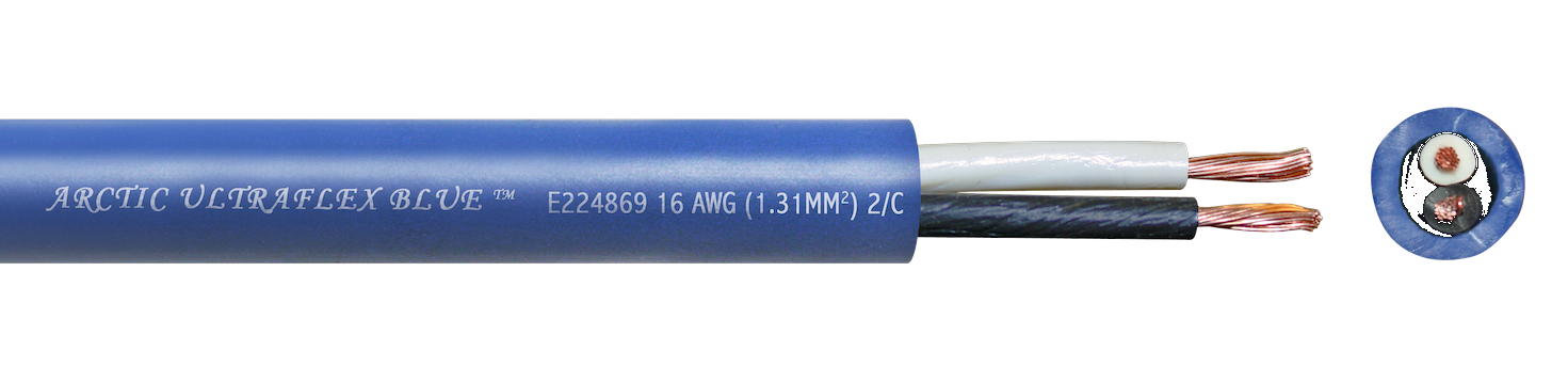 16 AWG 2 conductor Arctic Ultraflex Blue SEOOW power cord, jacket cut back, with cross-section